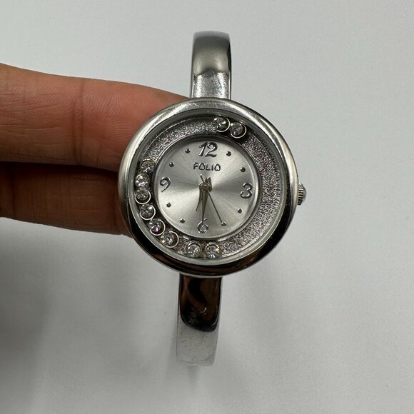 3/$30 Folio Watch Women Silver Bangle Band Floating Crystal Accent Works 6.75" - Picture 3 of 14